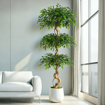 6FT Artificial Ficus Tree | Spiral Ficus Tree Artificial | Artificial Faux Tree in White Pot | Realistic Artificial Ficus Trees Indoor for Home & Office (180cm Height)