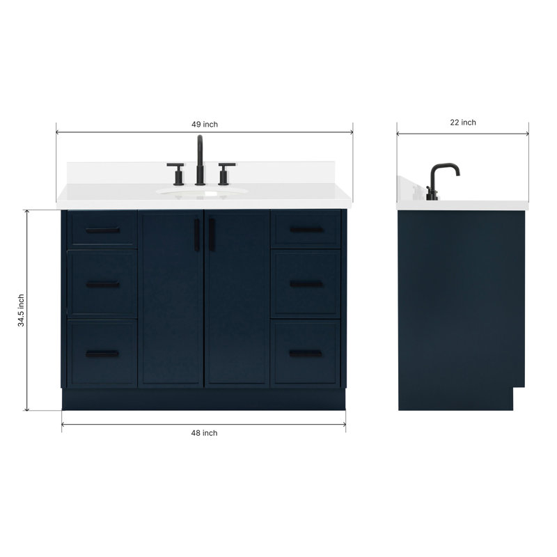 ARIEL Kelly 49 Single Sink Bathroom Vanity with Pure Quartz Top, Midnight Blue