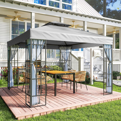 Outsunny 3 x 3(m) Patio Gazebo w/ 2 Tier Roof Mosquito Netting Light Grey