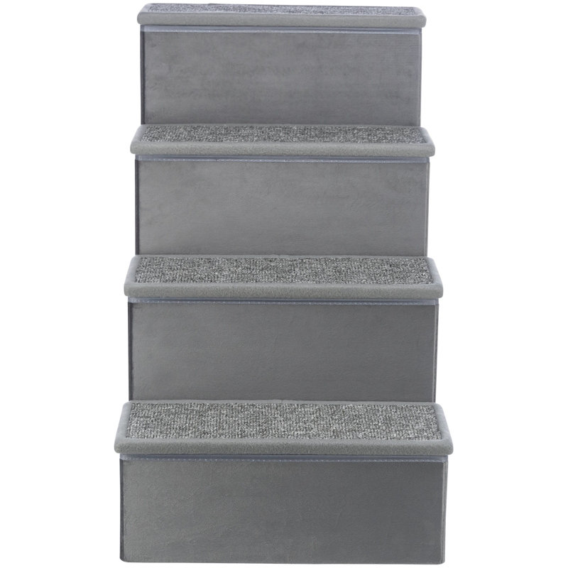 Gray Velour Foldable 4-Step Pet Stairs with Storage