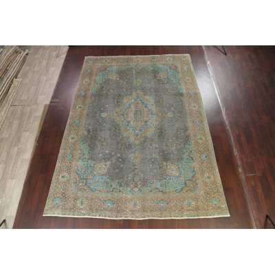 Tapis unique en laine noué à la main de style années 1960 de 9 pi 1 po x 12 pi 10 po gris anthracite