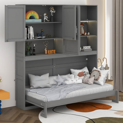 Lit escamotable mural simple avec armoire supérieure et tablettes, cadre de lit plateforme pliable multifonctionnel avec lumière et USB