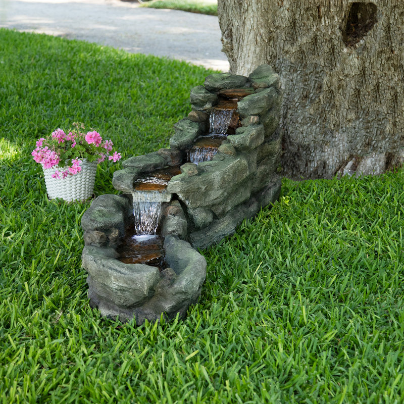 Tiered Rocky River Stream Water Fountain with LED Lights, 61", Brown, 20" H x 61" W x 18" D