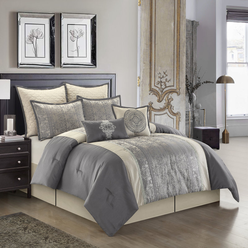 Arabesque 8 Piece Traditional Comforter Set, California King Comforter + 7 Additional Pieces, Silver/Ivory