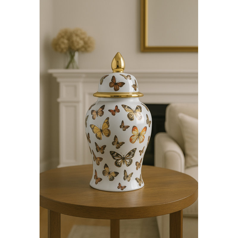 Gherghina Decorative Ceramic Butterfly Design Jar With Lid - Contemporary Tall Table Jar Decor - Versatile Jar Or Vase For Flowers In Living Room