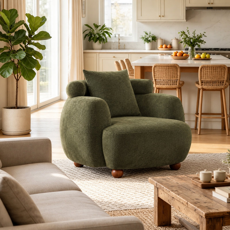 Amoban 38.00"W Green Chenille Upholstered Barrel Accent Chair with Pillow, Rounded Armrests., Green Chenille
