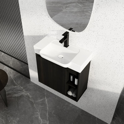 Meuble-lavabo de 61 cm (24 po), fini chêne foncé, lavabo en céramique blanche, charnières, design contemporain, grand espace de rangement