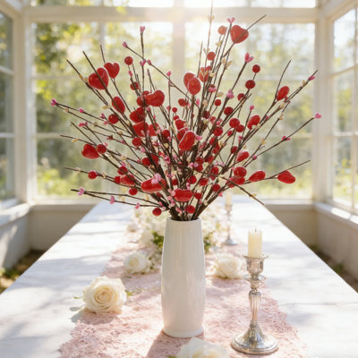 6 tiges de baies rouges artificielles de 17 po - Branches de baies en forme de cœur pour la décoration de la Saint-Valentin, artisanat en mousse durable et en fil métallique, choix floraux durables et d'apparence fraîche pour la maison, la fête et les cadeaux