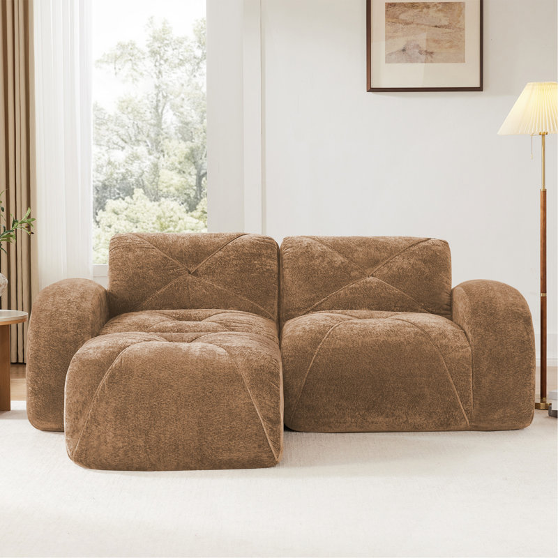 Canapé en forme de L sans os, tissu de velours doux, conception capitonnée, éponge haute densité 32D, aucun assemblage requis, conception ergonomique du bas, conception antidérapante, repose-pieds mobile pour les chambres à coucher, chameau