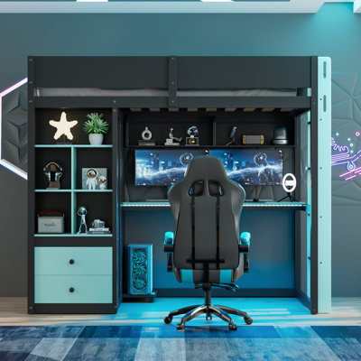 Lit mezzanine une place avec bureau, armoire et penderie, bande lumineuse DEL connectée via application, chargement USB, bois massif, noir et bleu