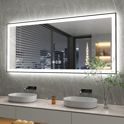 Miroir de salle de bain à DEL avec cadre noir, rétro-éclairé et miroirs de salle de bain éclairés