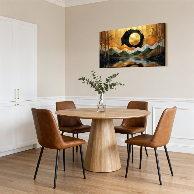Ensemble de 1 tableau sur toile tendue représentant un paysage zen abstrait avec soleil et bambous, H 20 po x l 40 po