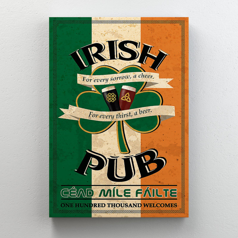 Un trèfle à trois feuilles et deux bières - pub irlandais pour chaque chagrin, bravo pour chaque soif de bière - reproduction d'art graphique sur toile