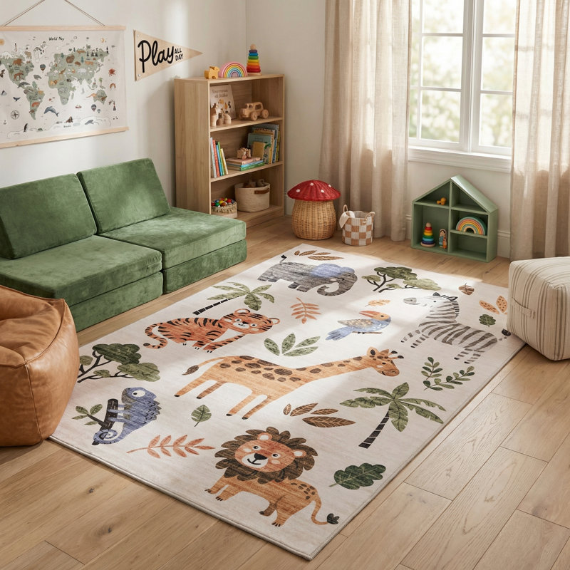 Tapis de style safari pour enfant blanc / beige 8 pi x 11 pi (7 pi 7 po x 10 pi 10 po) Jungle