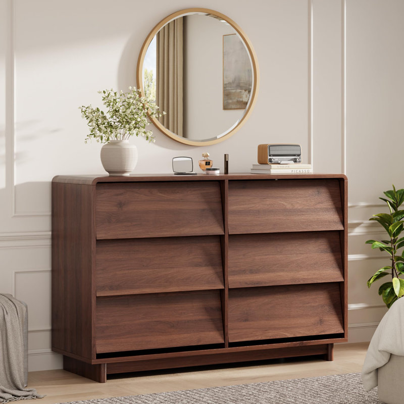 Commode à 6 tiroirs, 120 cm (47,2 po), style moderne en bois avec bords arrondis sans poignées, grande capacité de rangement pour chambre à coucher