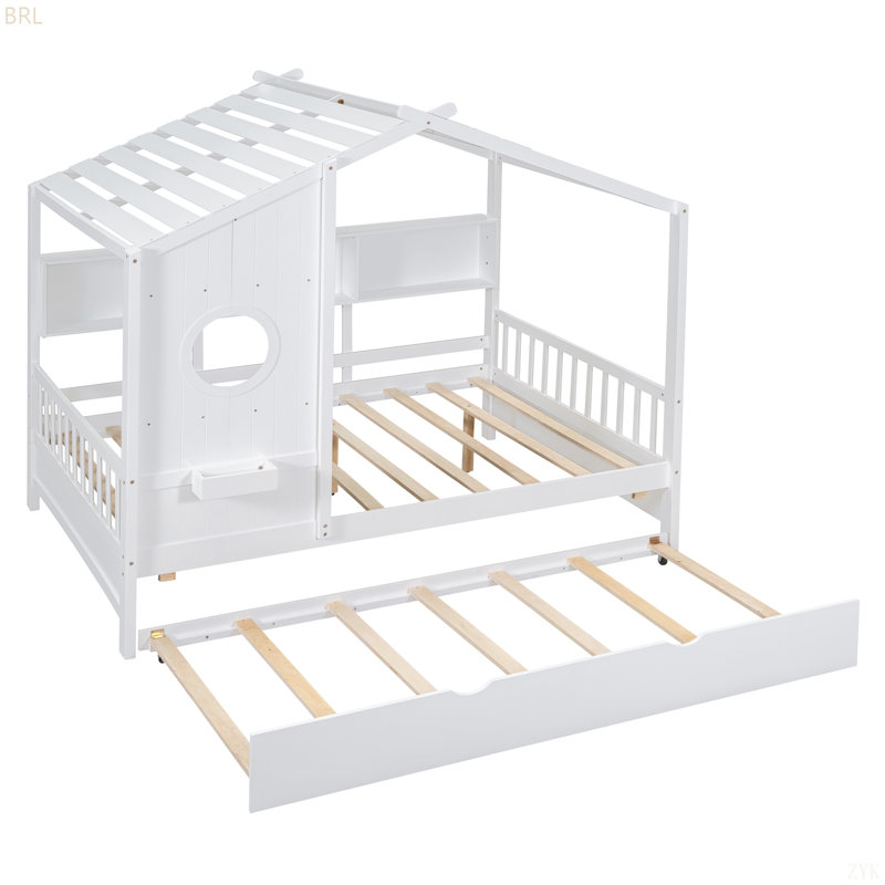 Lit de maison en bois avec lit gigogne, conception moderne pour enfants avec tablette de rangement, Lit double, Blanc
