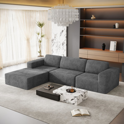 Modular Corduroy 120-inch 3-seater Compression Sofa With Ottoman, No Assembly Required, With High Rebound Dual-support Sponge