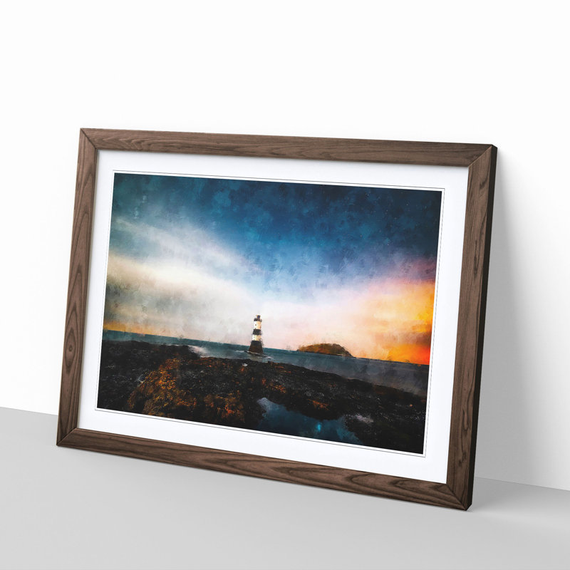 Lighthouse & Seascape at Dusk - Picture Frame Graphic Art Print, Walnut Framed, 24cm H x 33cm W x 2cm D