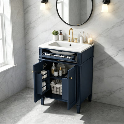 Meuble-lavabo bleu de 24 po avec lavabo en céramique lustré, portes à fermeture en douceur et tiroir coulissant, armoire de rangement autoportante avec tablette et organisateurs réglables