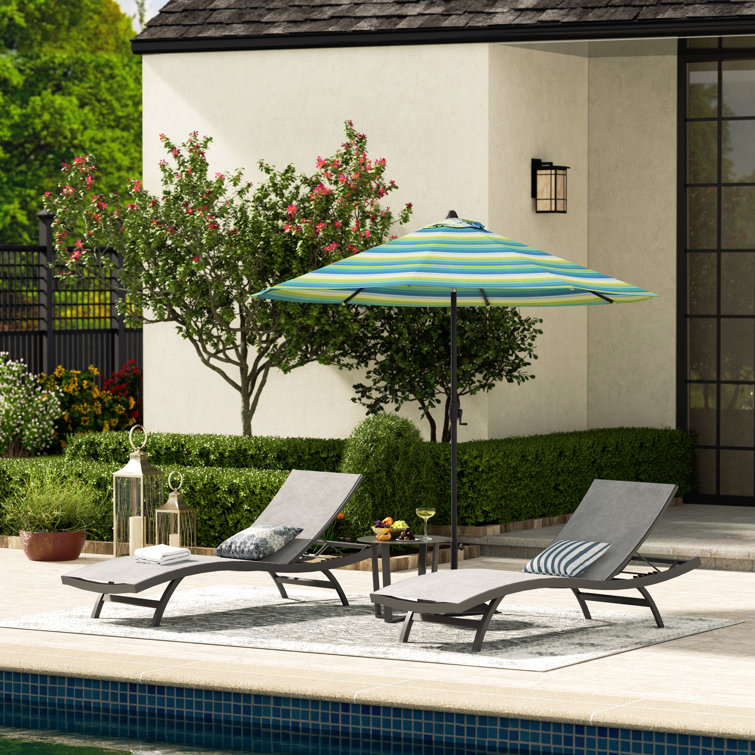 Chambray Patio Aluminum Chaise Lounge Chairs With Phifertex Sling Fabric And Side Table