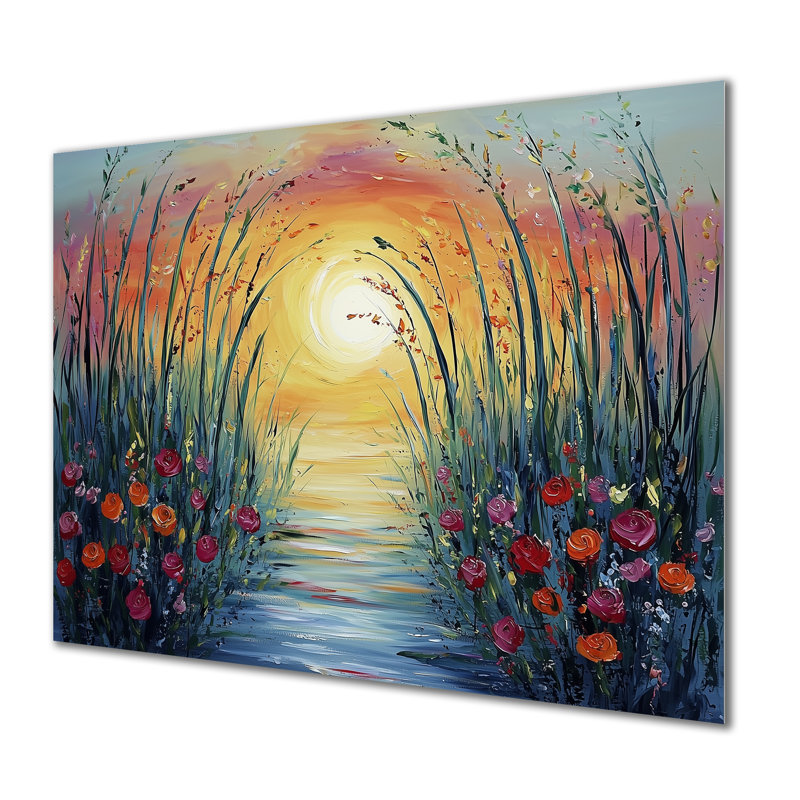 «Sunset Wildflowers Blossoms In The Wild III», impression murale en métal sur bois de bambou, H 16 po x l 32 po