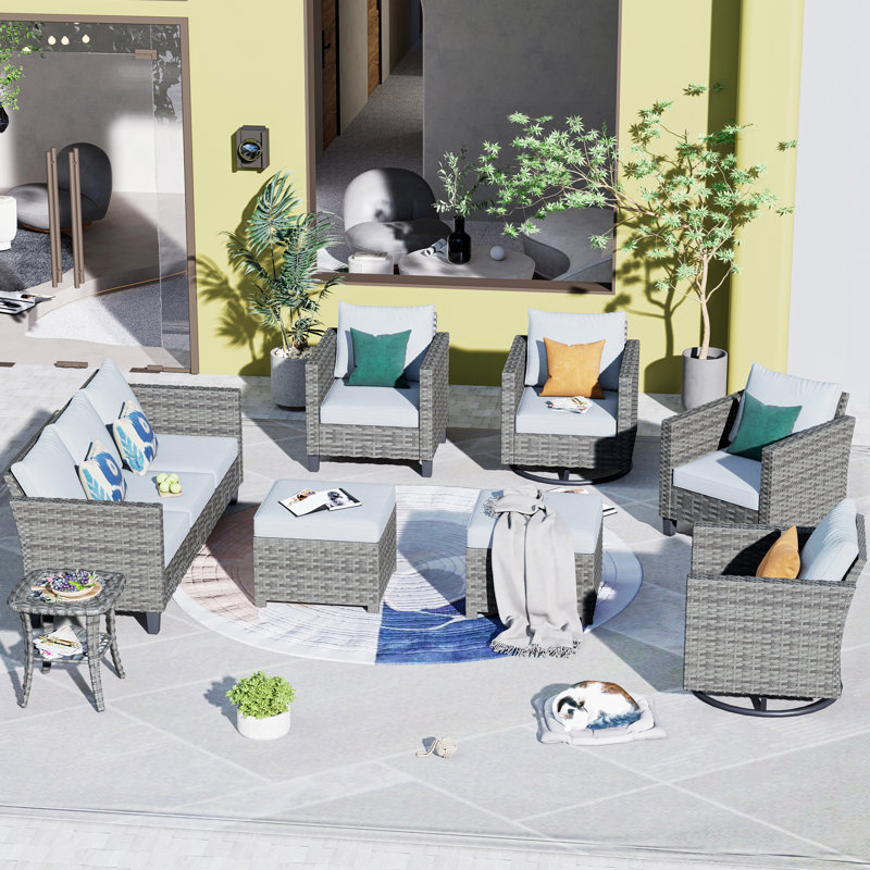 Ensemble de conversation en osier / rotin 7 personnes avec coussins GRST, Gris