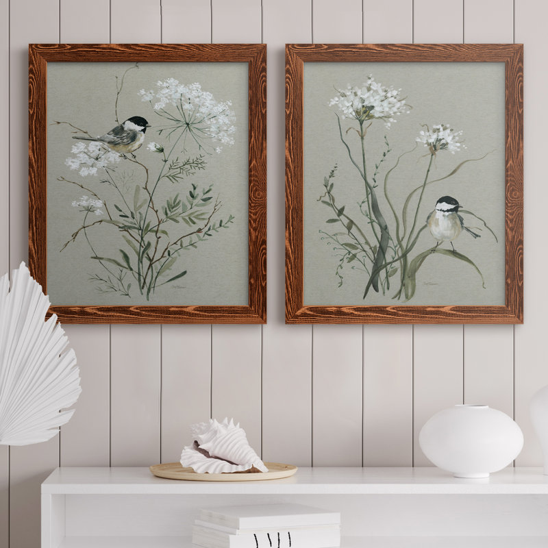 Bouquet Of Grace Bird I - ensemble de 2 peintures sur toile encadrées, H 20 po x l 34 po x P 1,5 po, Cadre en érable