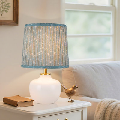 15'' Hand Blown Small Table Lamp, Unique Leopard-Print Glass, Woven Natural Linen Shade, Kitchen Counter Lighting