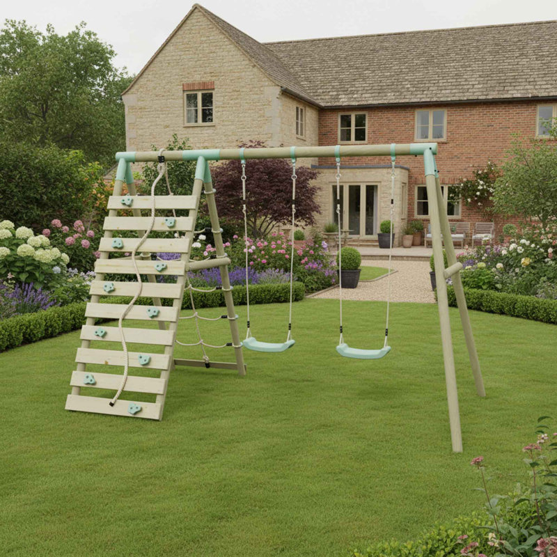 Mercia Wooden Round Pole Double Swing With Climbing Wall