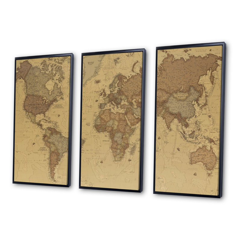 Ancienne carte du monde III - cadre flottant de 3 pièces, impression sur toile, Cadre noir, L 36 po x H 28 po