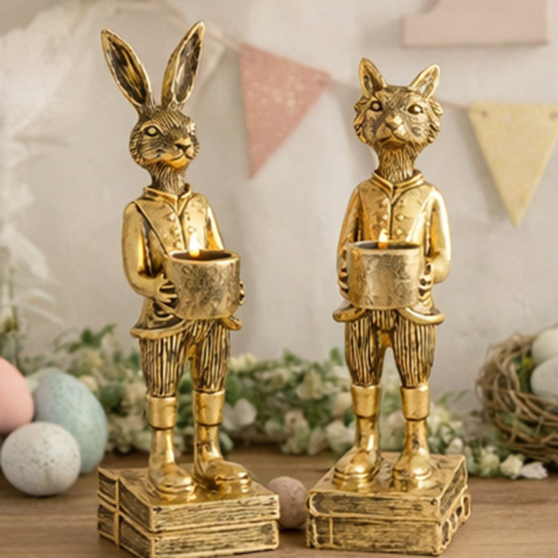 8.75" H Fox and Rabbit Antique Gold Resin Candleholder Tabletop Vintage Bar Decor - Set of 2 Pieces