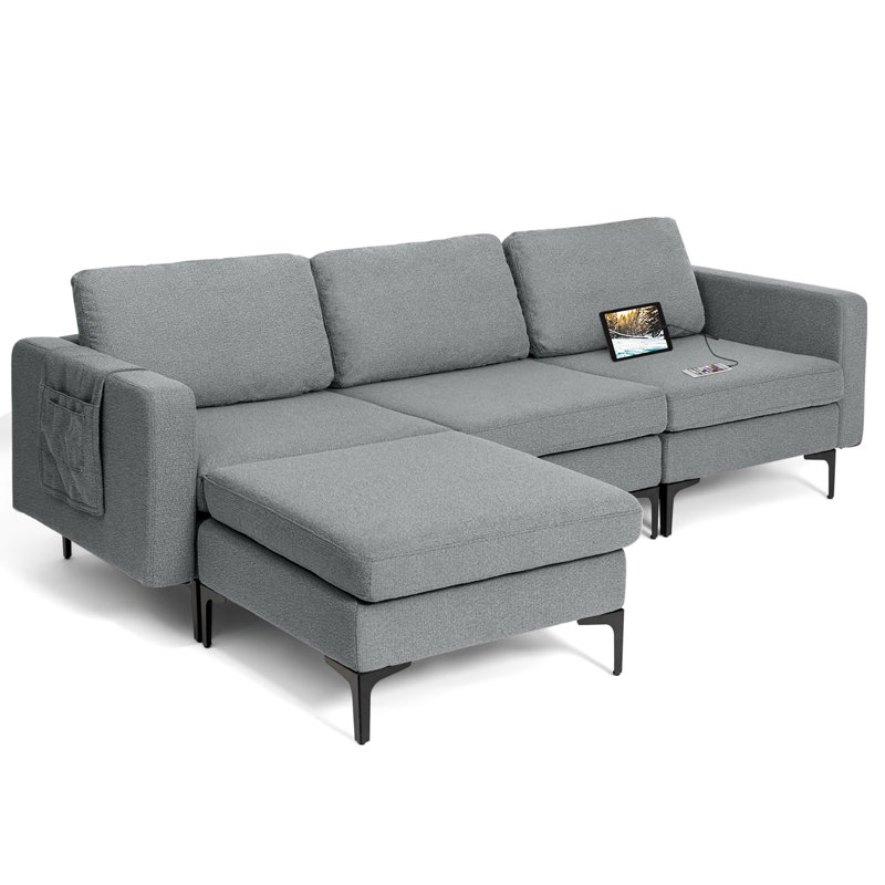 Boose Upholstered L-Shaped Sectional with Ottoman Left Hand Facing, Gray Linen