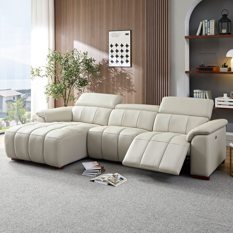 Fauteuil inclinable gris clair en forme de L: canapé électrique moderne en cuir véritable avec port USB - support mural peu encombrant (110 caractères)