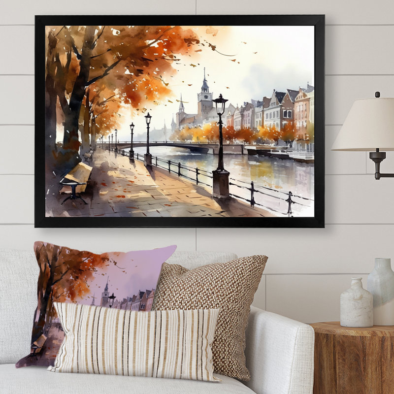 Rudys Waterfront Cityscape II sur impression sur toile, Cadre photo noir, H 16 po x l 32 po x P 1 po