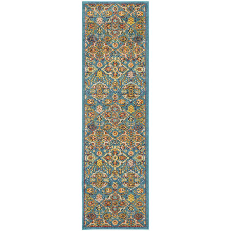 Tapis oriental traditionnel turquoise Lakenya, Tapis de couloir 2 pi 3 po x 7 pi 6 po