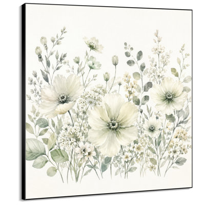 Impression sur tissu grand format - Jardin de fleurs sauvages blanches aux feuilles vertes douces, motif botanique pour salon ou chambre - « Assemblage du cadre requis (cadre non fini) »