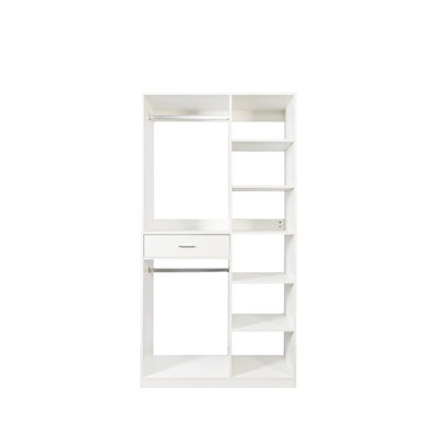 Freestanding Closet System with 6 Open Shelves, 2 Hanging Rods, 1 Drawer, White 74.8'' Wardrobe Organizer