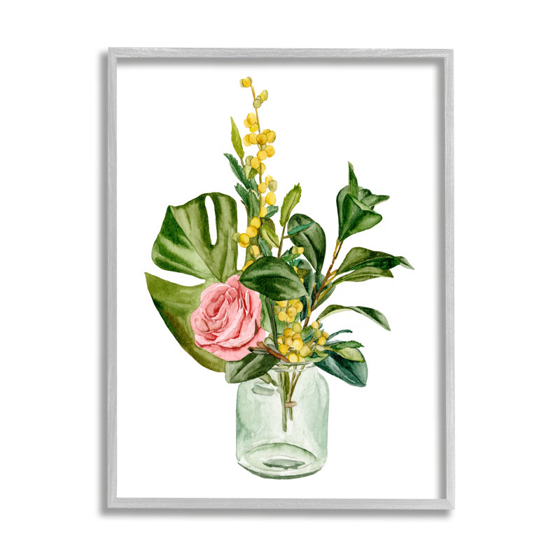 Aquarelle de pot de verre bouquet de roses roses et jaunes par Melissa Wang, H 30 po x l 24 po x P 1,5 po