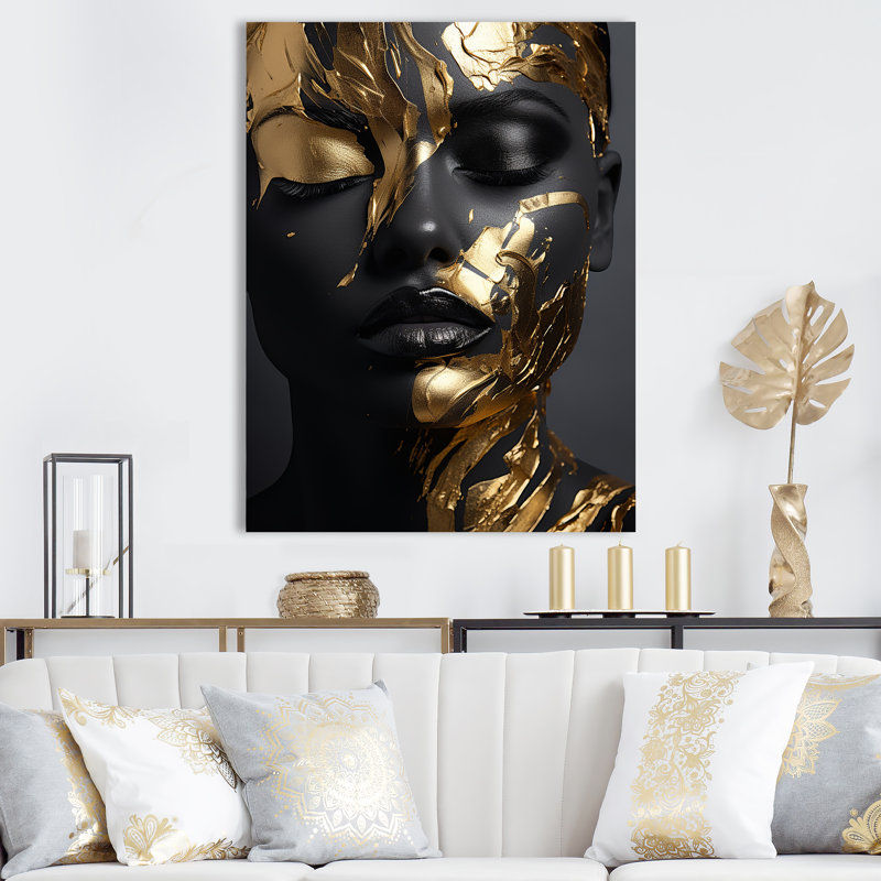 Femme dorée noire et dorée Photo II - Art mural grande femme, Toile tendue, Sans cadre, H 44 po x l 34 po