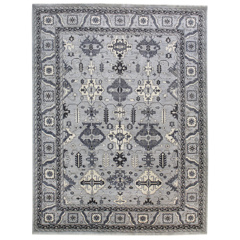 Tapis gris en laine noué à la main de conception unique 8 pi 11 po x 11 pi 10 po New Age