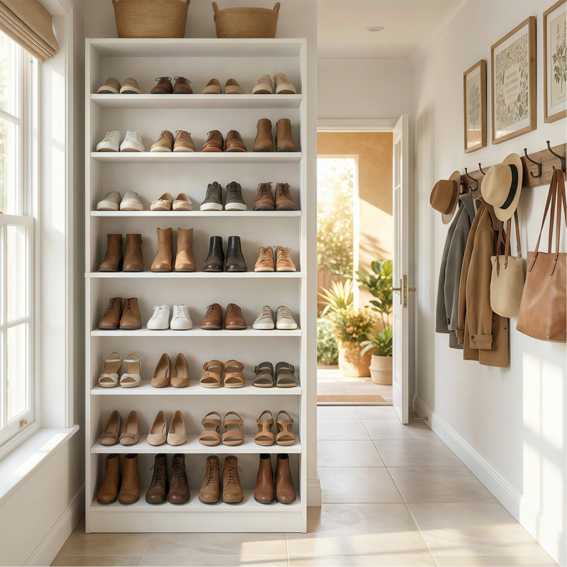 Armoire à chaussures blanche autoportante à 9 niveaux et avec tablettes réglables pour le vestibule