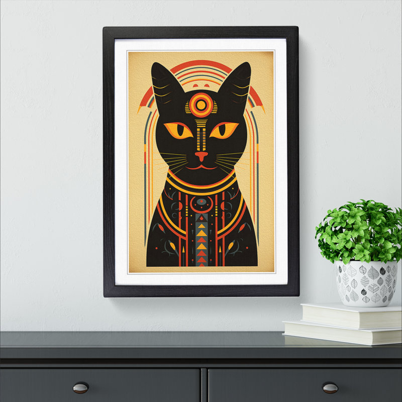 Egyptian Cat Minimalism No.2 - Single Picture Frame Print on Wood, Black Framed, 34cm H x 25cm W