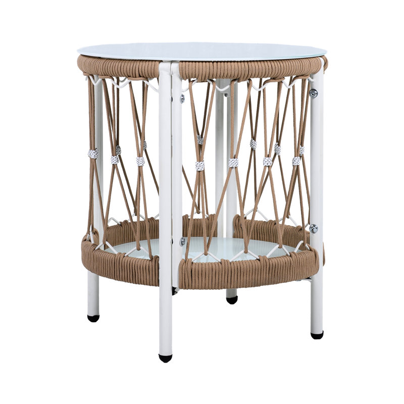 Table de bout de style bohémien 17,65 po avec corde tissée et verre trempé pour les réunions extérieures