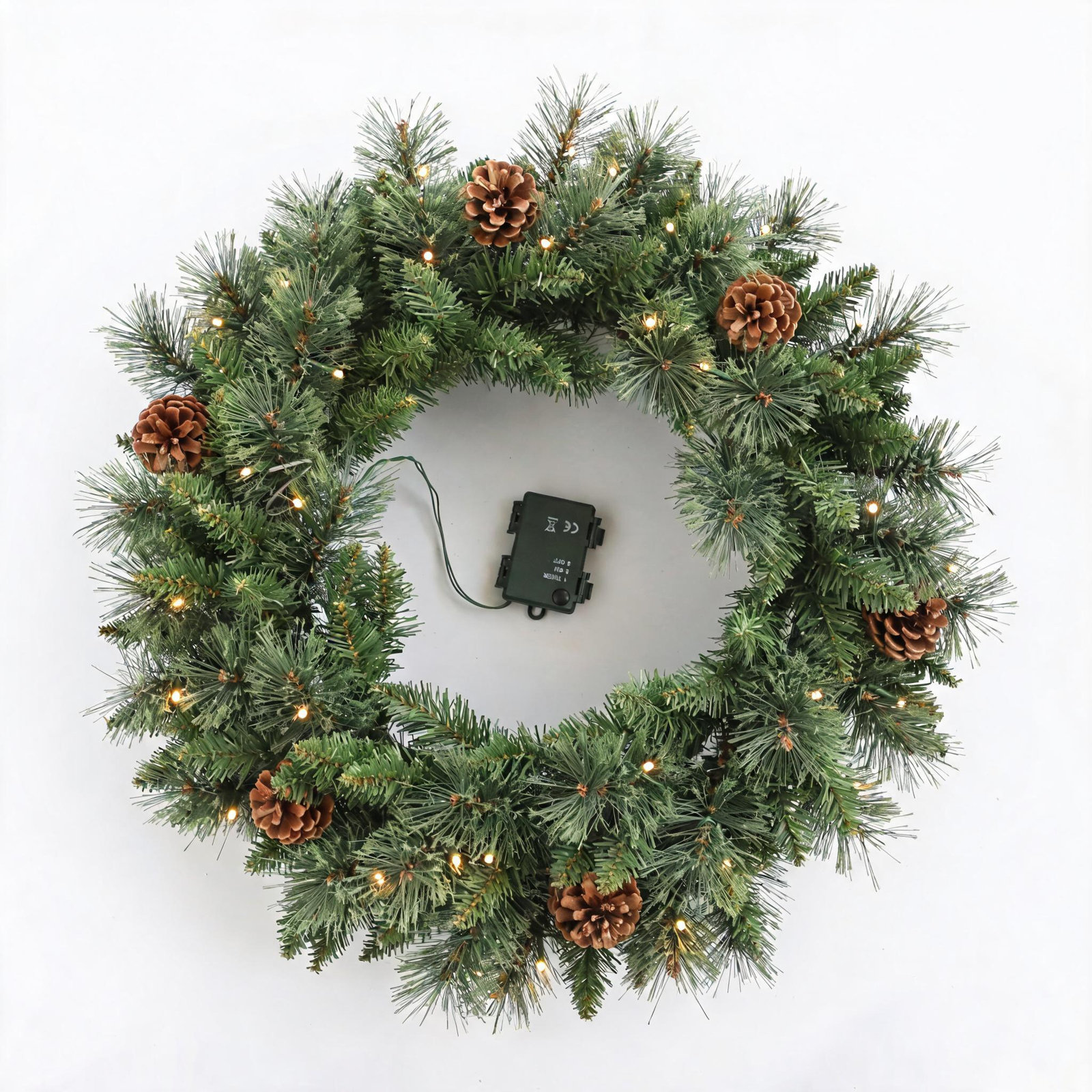 24" Artificial Large Winter Christmas Wreath With LED Lights Farmhouse Pinecone Pre-Lit Wreaths For Front Door Or Wall
