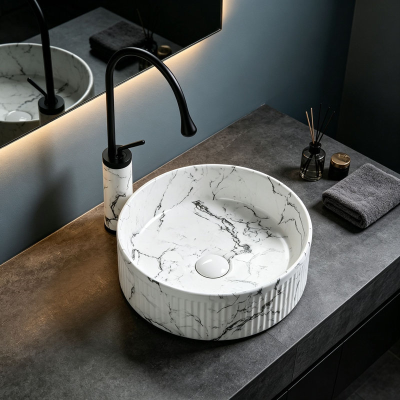 Lavabo de salle de bain vasque ronde en céramique noire avec robinet 14,57 pouces Topcraft