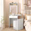 Petit meuble-lavabo avec miroir et lumière, coiffeuse avec station de charge et panneau rabattable pour les petits espaces, ensemble de coiffeuse à maquillage compact avec tabouret caché pour la chambre à coucher