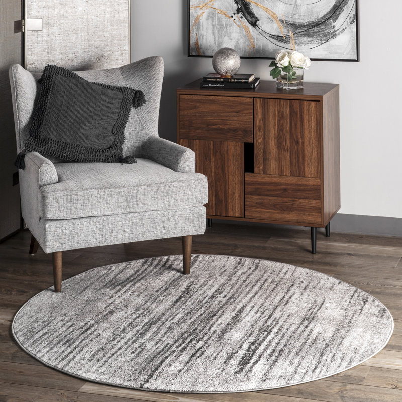 Tapis rayé gris clair Khadijah, Rond 5 pi