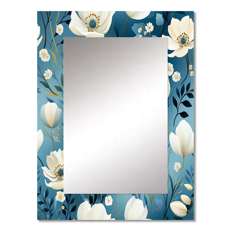 Svanik blanc et bleu fleurs pré Serenity - grand miroir floral, décor de miroir mural Cottage, 32 po x 24 po