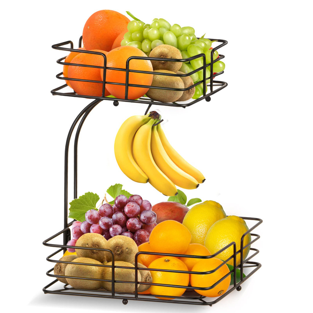 2-Tier Fruit Basket, Detachable Countertop Fruit Rack With Banana Hanger