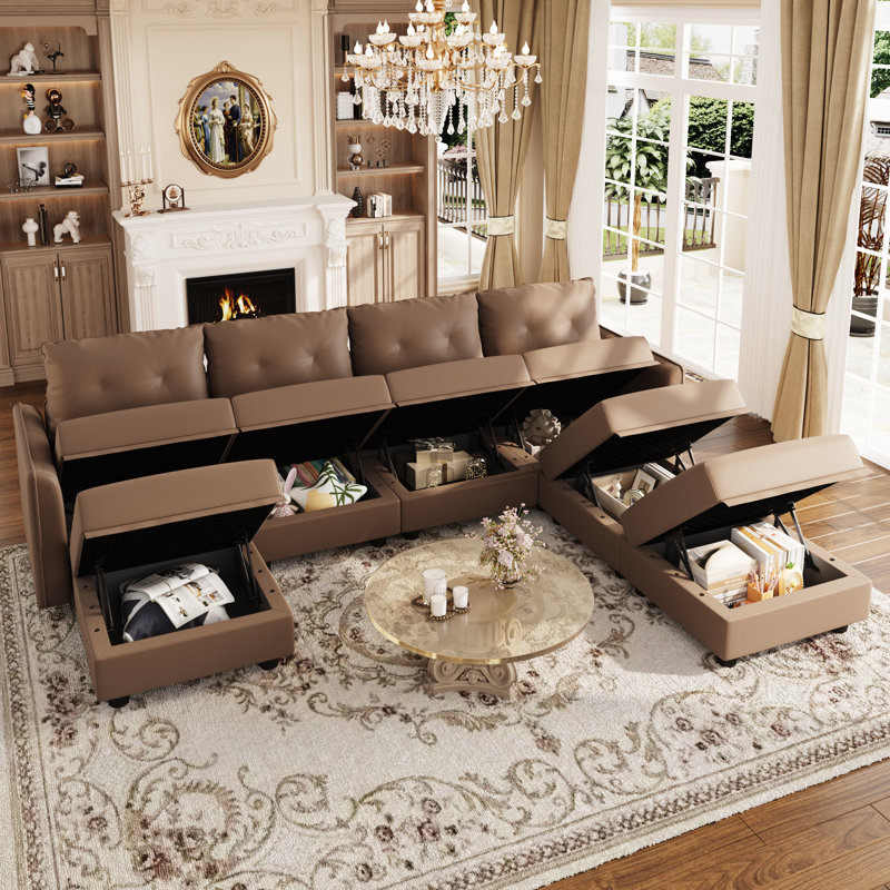 Tymarian Faux Leather Sectional, Brown Faux Leather